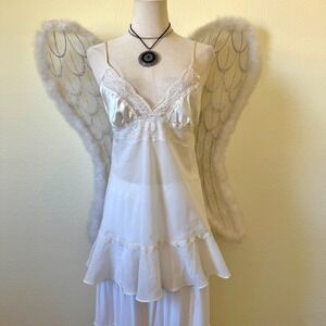 Sheer Ivory Lace Sequin Babydoll Chemise Lingerie Top Girly Grunge Sparkly Y2K